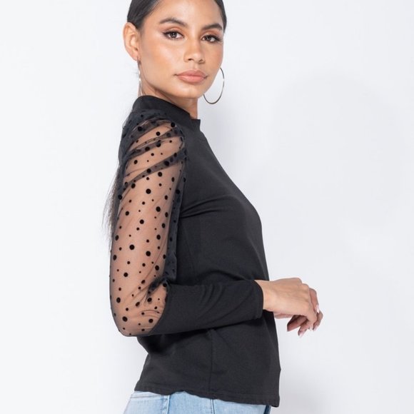 Black Long Mesh Polka Dot Sleeve High Neck Top - Picture 2 of 6